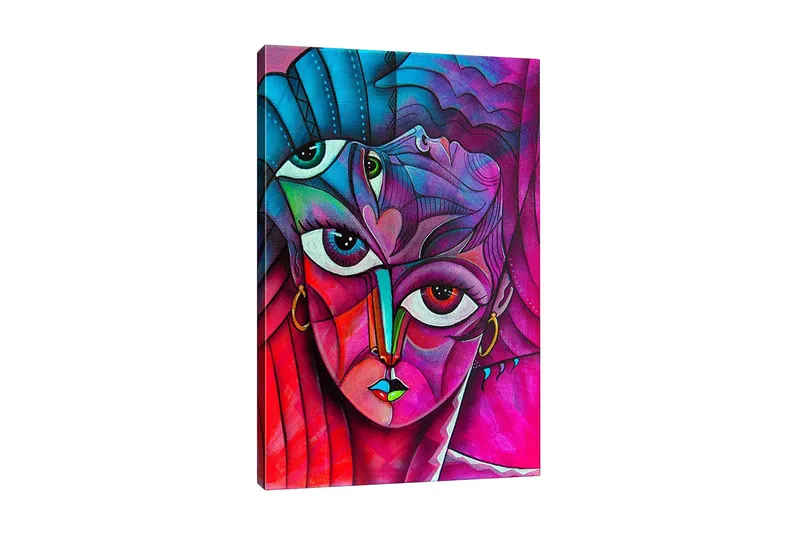 Canvas-taulu - Abstrakti muotokuva monikasvoisesta naisesta, Vaaleanpunainen / Violetti / Turkoosi