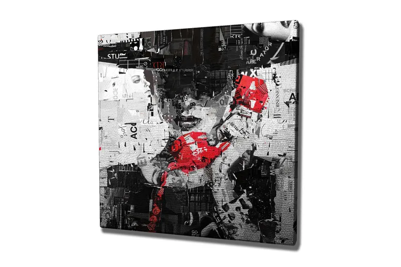 Canvas-taulu - Abstrakti muotokuva punaisella puhelimella ja graafisilla elementeillä, Punainen / Musta / Valkoinen