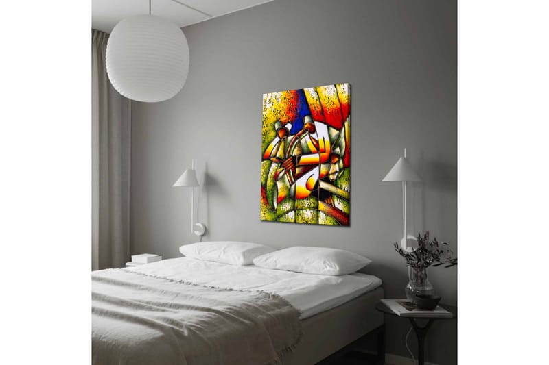 Canvas-taulu - Abstrakti sommitelma, jossa kaksi hahmoa pitelee ympyrää - Vihreä / Punainen / Keltainen - Sisustustuotteet - Taulu & taide - Canvas-taulu