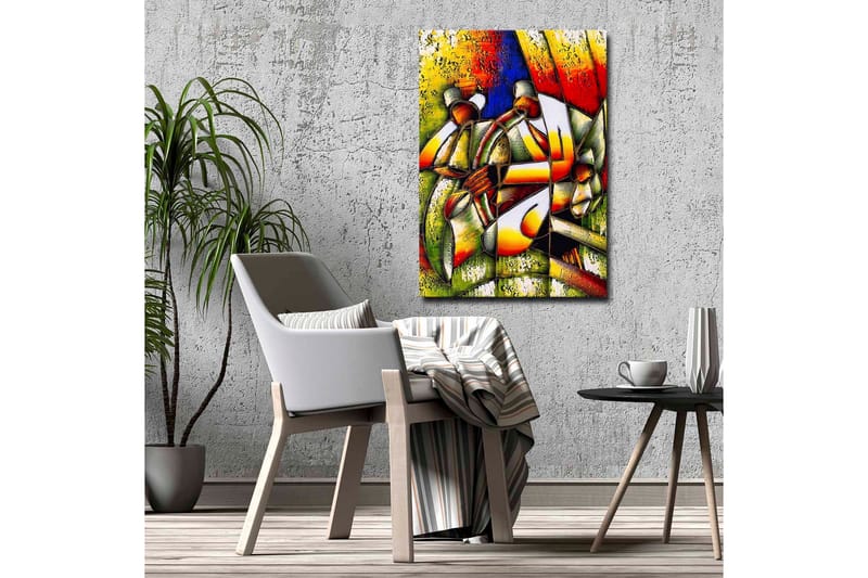 Canvas-taulu - Abstrakti sommitelma, jossa kaksi hahmoa pitelee ympyrää - Vihreä / Punainen / Keltainen - Sisustustuotteet - Taulu & taide - Canvas-taulu