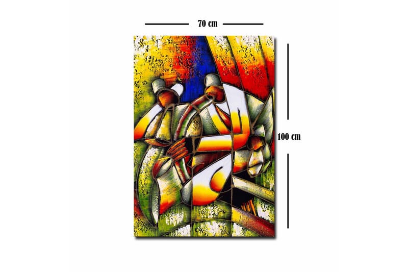 Canvas-taulu - Abstrakti sommitelma, jossa kaksi hahmoa pitelee ympyrää - Vihreä / Punainen / Keltainen - Sisustustuotteet - Taulu & taide - Canvas-taulu