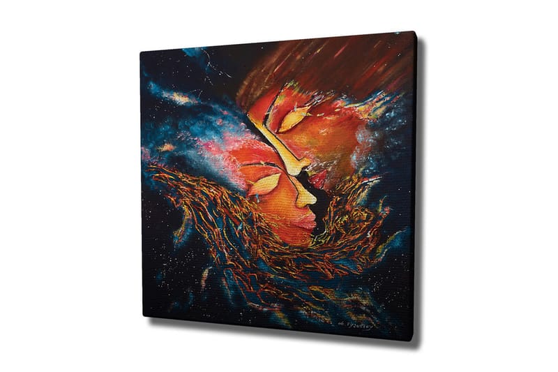 Canvas-taulu - Abstrakti sommitelma, jossa kasvot sulautuvat yhteen kosmisessa ympäristössä, Punainen / Oranssi / Musta