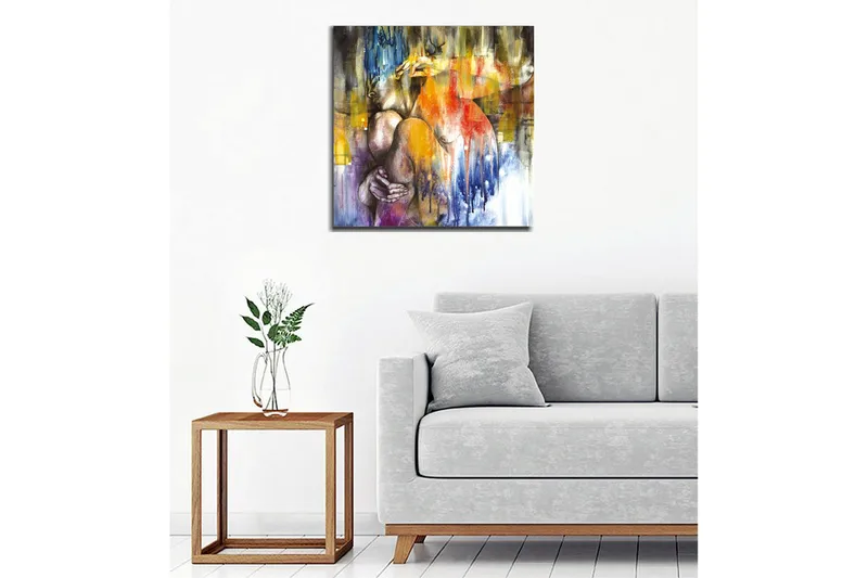 Canvas-taulu - Abstrakti sommitelma, jossa nainen syleilee itseään - Sininen / Oranssi / Violetti - Sisustustuotteet - Taulu & taide - Canvas-taulu