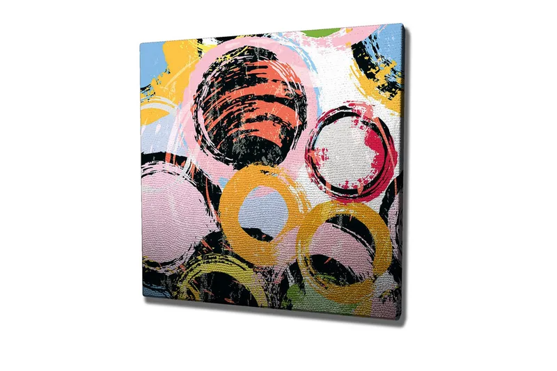 Canvas-taulu - Abstrakti sommitelma erivärisillä ympyröillä, Musta / Vaaleanpunainen / Keltainen
