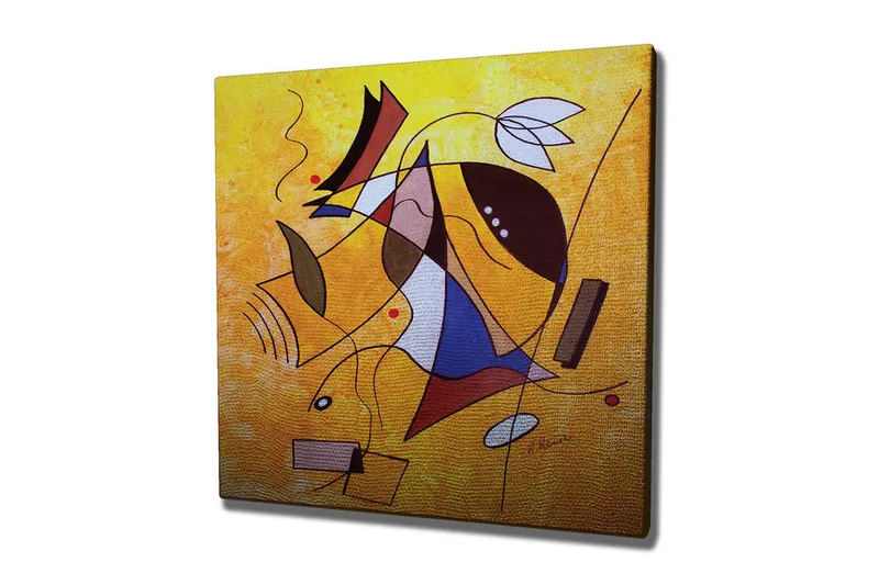 Canvas-taulu - Abstrakti sommitelma geometrisilla muodoilla ja dynaamisilla viivoilla, Keltainen / Sininen / Punainen