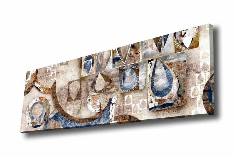 Canvas-taulu - Abstrakti sommitelma geometrisilla muodoilla ja pisaroilla, Sininen / Beige / Ruskea