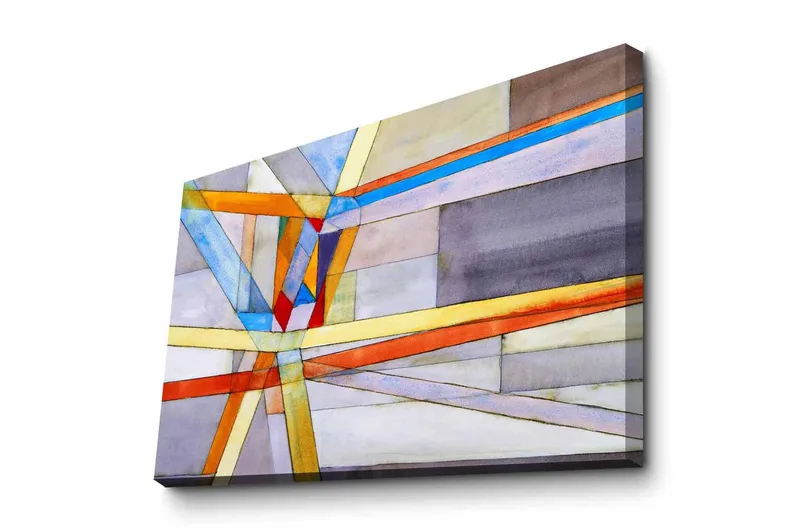 Canvas-taulu - Abstrakti sommitelma geometrisilla viivoilla ja muodoilla, Sininen / Oranssi / Harmaa