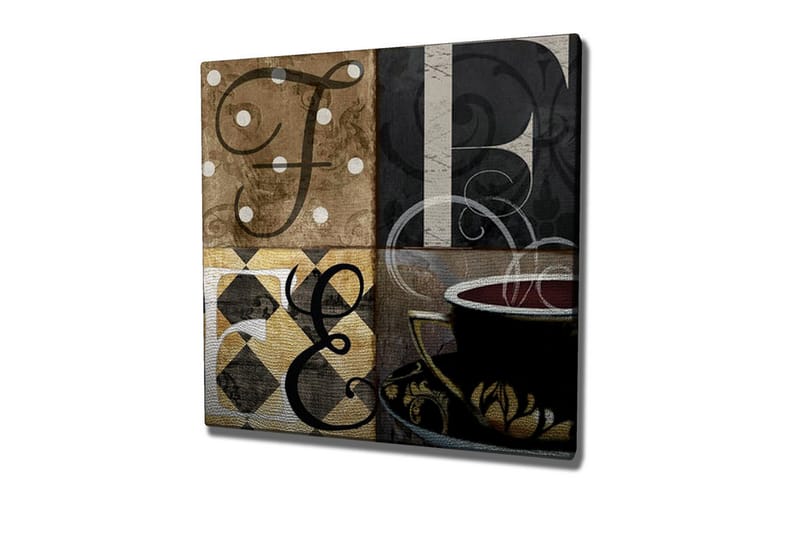 Canvas-taulu - Abstrakti sommitelma kirjaimilla ja kahvikupilla, Ruskea / Musta / Kulta