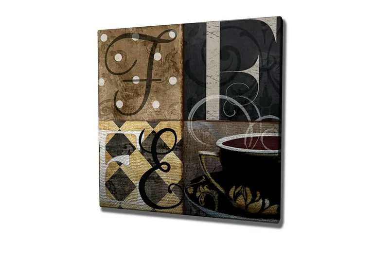 Canvas-taulu - Abstrakti sommitelma kirjaimilla ja kahvikupilla, Ruskea / Musta / Kulta
