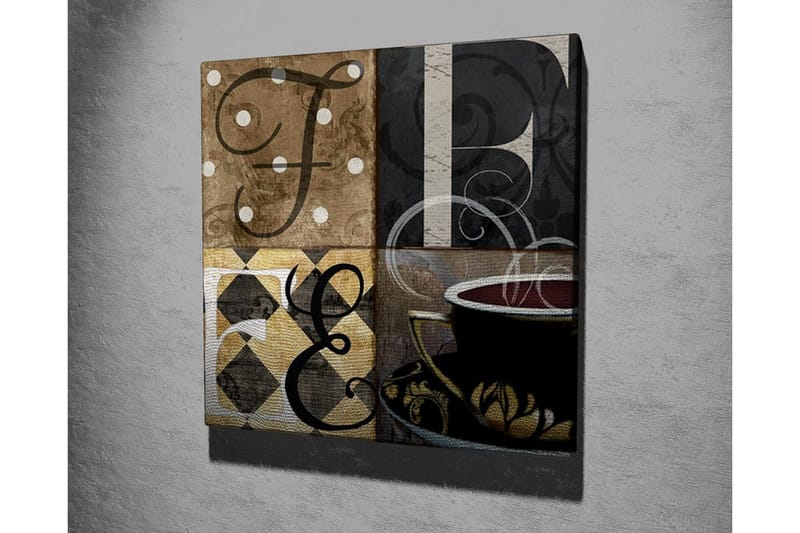 Canvas-taulu - Abstrakti sommitelma kirjaimilla ja kahvikupilla - Ruskea / Musta / Kulta - Sisustustuotteet - Taulu & taide - Canvas-taulu