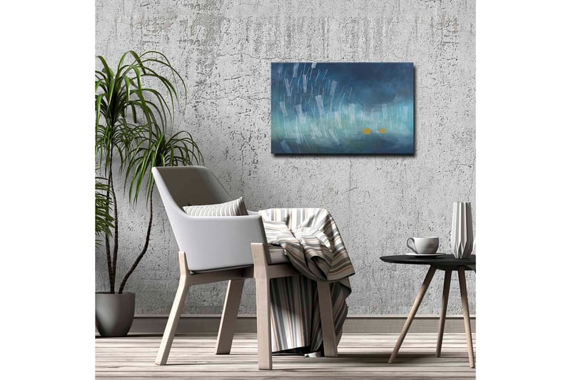 Canvas-taulu - Abstrakti sommitelma sadepisaroilla ja kultaisilla ympyröillä - Tummansininen / Vaaleansininen / Keltainen - Sisustustuotteet - Taulu & taide - Canvas-taulu