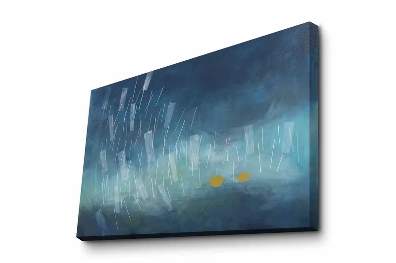 Canvas-taulu - Abstrakti sommitelma sadepisaroilla ja kultaisilla ympyröillä, Tummansininen / Vaaleansininen / Keltainen