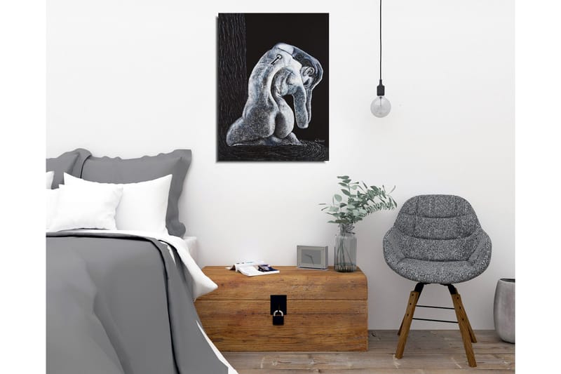 Canvas-taulu - Abstrakti veistos istuvasta hahmosta, jonka selässä on avain - Musta / Harmaa / Valkoinen - Sisustustuotteet - Taulu & taide - Canvas-taulu