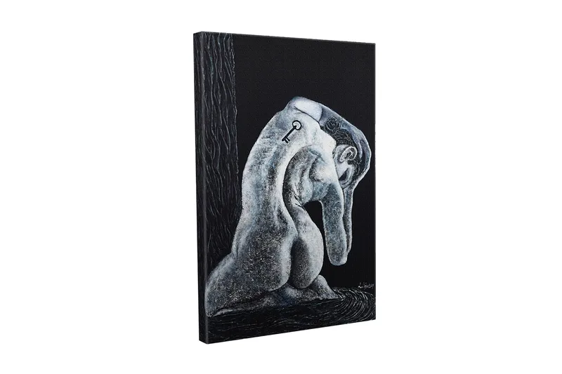 Canvas-taulu - Abstrakti veistos istuvasta hahmosta, jonka selässä on avain, Musta / Harmaa / Valkoinen