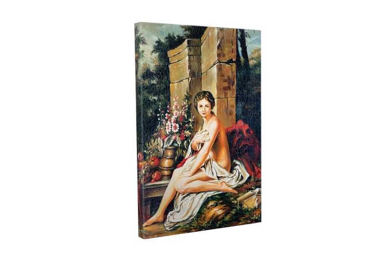 Canvas-taulu - Alaston nainen istuu kukkakimpun ja ruukun kanssa, Ihonväri / Vihreä / Punainen