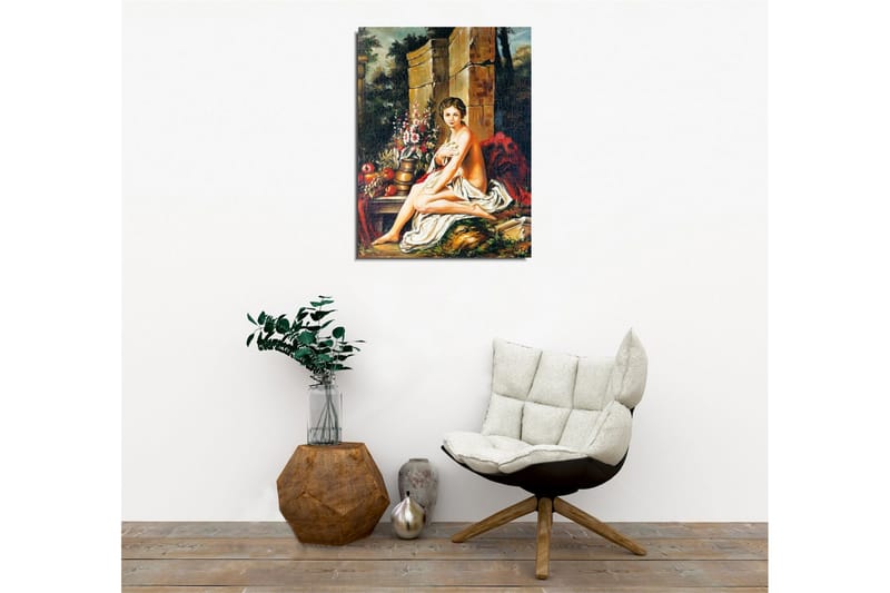 Canvas-taulu - Alaston nainen istuu kukkakimpun ja ruukun kanssa - Ihonväri / Vihreä / Punainen - Sisustustuotteet - Taulu & taide - Canvas-taulu