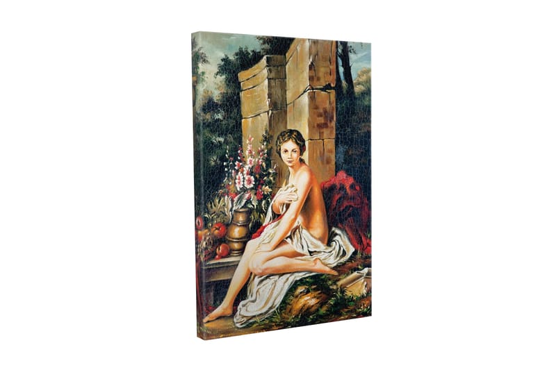 Canvas-taulu - Alaston nainen istuu kukkakimpun ja ruukun kanssa, Ihonväri / Vihreä / Punainen