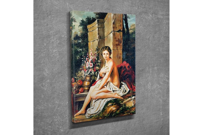 Canvas-taulu - Alaston nainen istuu kukkakimpun ja ruukun kanssa - Ihonväri / Vihreä / Punainen - Sisustustuotteet - Taulu & taide - Canvas-taulu
