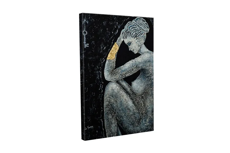 Canvas-taulu - Alaston nainen mietteliäässä asennossa, käsivarressaan kultainen yksityiskohta - Musta / Harmaa / Kulta - Sisustustuotteet - Taulu & taide - Canvas-taulu
