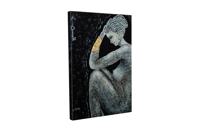 Canvas-taulu - Alaston nainen mietteliäässä asennossa, käsivarressaan kultainen yksityiskohta, Musta / Harmaa / Kulta