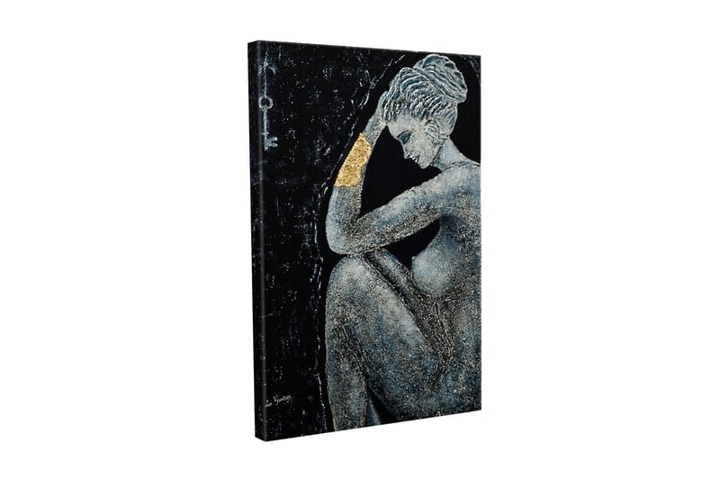 Canvas-taulu - Alaston nainen mietteliäässä asennossa, käsivarressaan kultainen yksityiskohta, Musta / Harmaa / Kulta