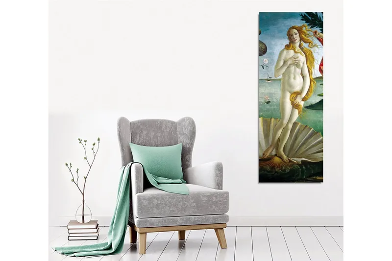 Canvas-taulu - Alaston nainen seisoo simpukankuorella meren rannalla - Vaaleansininen / Ihonvärinen / Vihreä - Sisustustuotteet - Taulu & taide - Canvas-taulu