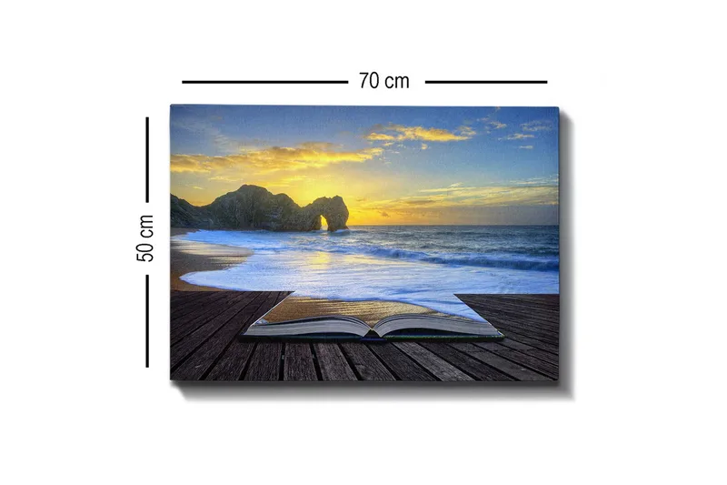 Canvas-taulu - Avoin kirja, taustalla ranta ja auringonlasku - Sininen / Kultainen / Beige - Sisustustuotteet - Taulu & taide - Canvas-taulu