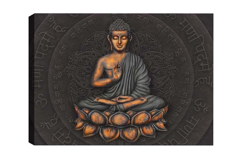 Canvas-taulu - Buddha meditaatioasennossa lootuskukan päällä, Harmaa / Oranssi / Musta