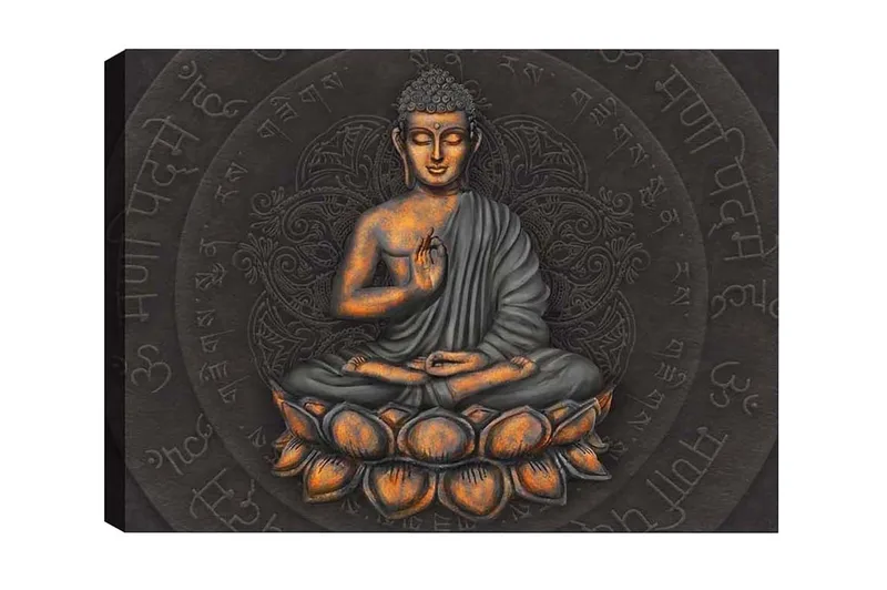 Canvas-taulu - Buddha meditaatioasennossa lootuskukan päällä, Harmaa / Oranssi / Musta