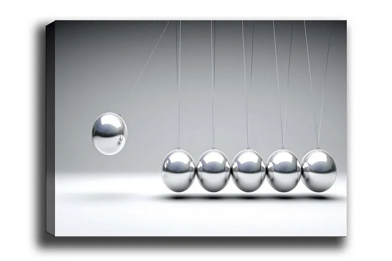 Canvas-taulu - Dynaaminen sommitelma keinuvista palloista metallinhohtoisella viimeistelyllä, Hopea / Harmaa
