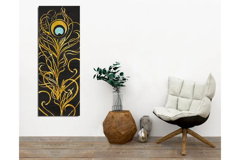 Canvas-taulu - Elegantti höyhenkuvio kultaisena ja turkoosina - Kulta / Turkoosi / Musta - Sisustustuotteet - Taulu & taide - Canvas-taulu