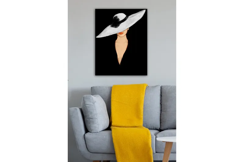Canvas-taulu - Elegantti nainen, jolla on iso valkoinen hattu ja oranssit huulet - Valkoinen / Musta / Oranssi - Sisustustuotteet - Taulu & taide - Canvas-taulu