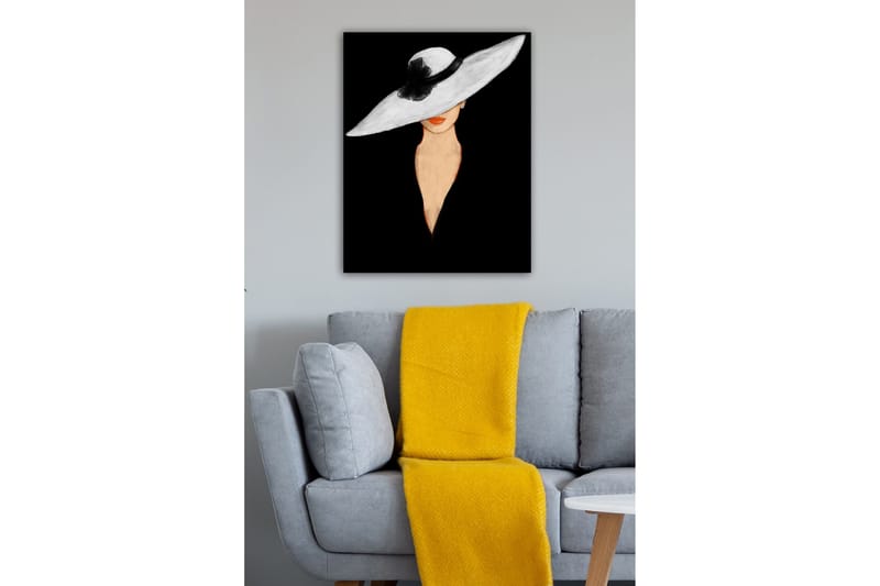 Canvas-taulu - Elegantti nainen, jolla on iso valkoinen hattu ja oranssit huulet - Valkoinen / Musta / Oranssi - Sisustustuotteet - Taulu & taide - Canvas-taulu