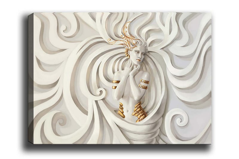 Canvas-taulu - Elegantti nainen laajojen, abstraktien muotojen ympäröimänä - Valkoinen / Beige / Kulta - Sisustustuotteet - Taulu & taide - Canvas-taulu