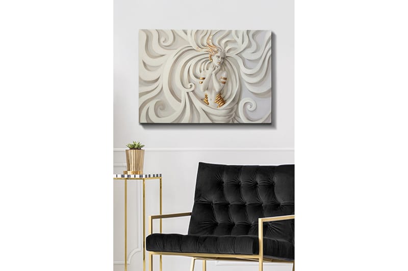 Canvas-taulu - Elegantti nainen laajojen, abstraktien muotojen ympäröimänä - Valkoinen / Beige / Kulta - Sisustustuotteet - Taulu & taide - Canvas-taulu