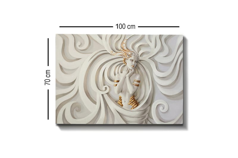 Canvas-taulu - Elegantti nainen laajojen, abstraktien muotojen ympäröimänä - Valkoinen / Beige / Kulta - Sisustustuotteet - Taulu & taide - Canvas-taulu