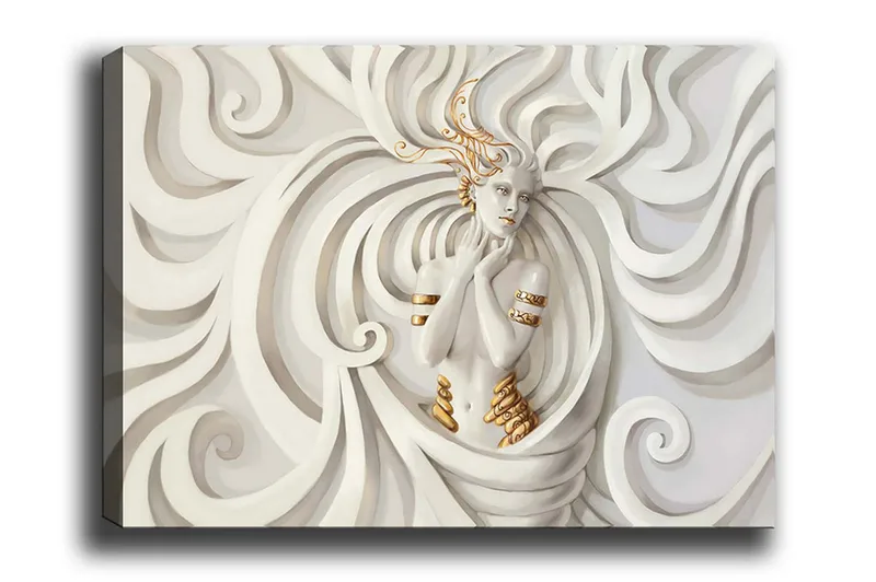 Canvas-taulu - Elegantti nainen laajojen, abstraktien muotojen ympäröimänä, Valkoinen / Beige / Kulta