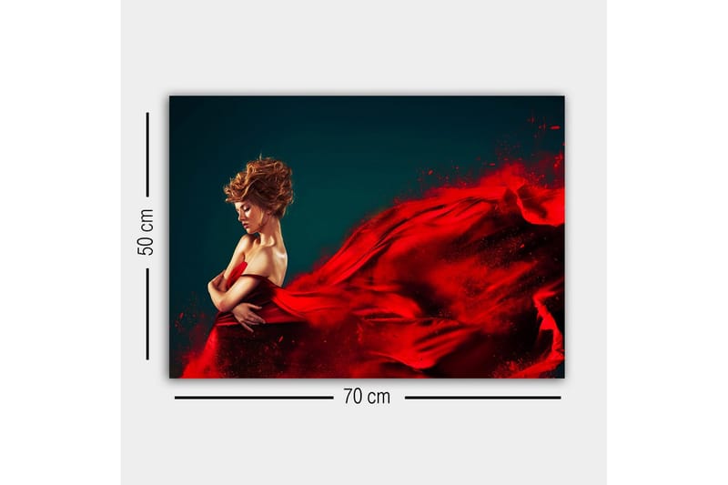 Canvas-taulu - Elegantti nainen punaisessa mekossa ja laskeutuvassa kankaassa - Punainen / Tummansininen - Sisustustuotteet - Taulu & taide - Canvas-taulu