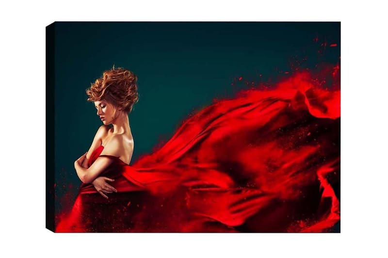 Canvas-taulu - Elegantti nainen punaisessa mekossa ja laskeutuvassa kankaassa, Punainen / Tummansininen