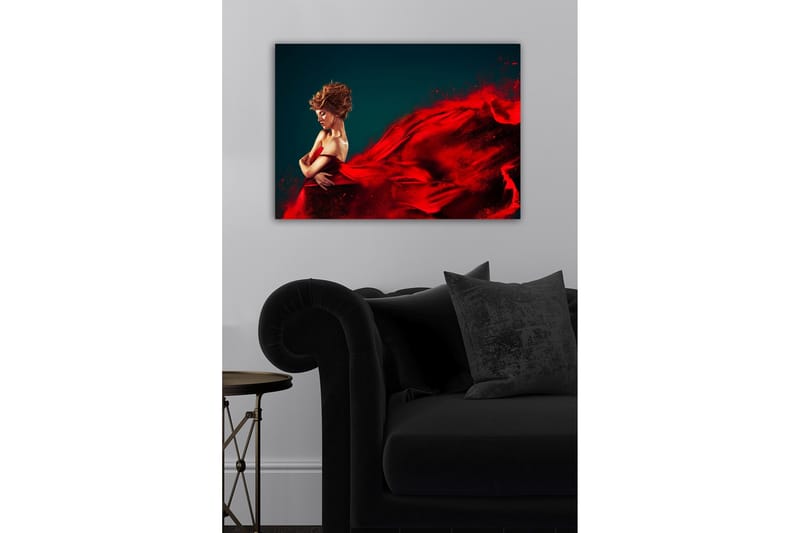 Canvas-taulu - Elegantti nainen punaisessa mekossa ja laskeutuvassa kankaassa - Punainen / Tummansininen - Sisustustuotteet - Taulu & taide - Canvas-taulu