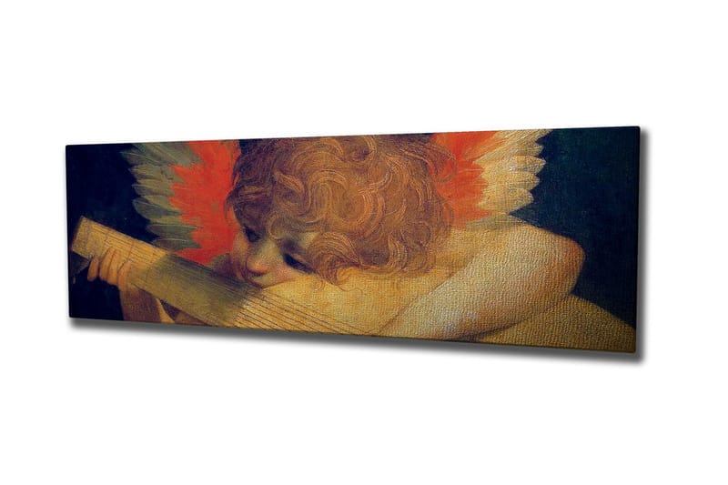 Canvas-taulu - Enkeli soittaa luuttua värikkäillä höyhenillä taustalla, Punainen / Oranssi / Ihonväri