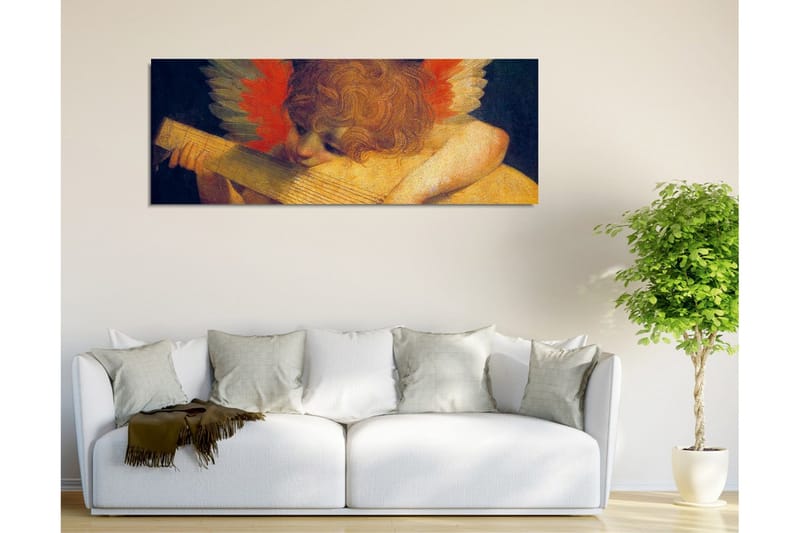 Canvas-taulu - Enkeli soittaa luuttua värikkäillä höyhenillä taustalla - Punainen / Oranssi / Ihonväri - Sisustustuotteet - Taulu & taide - Canvas-taulu