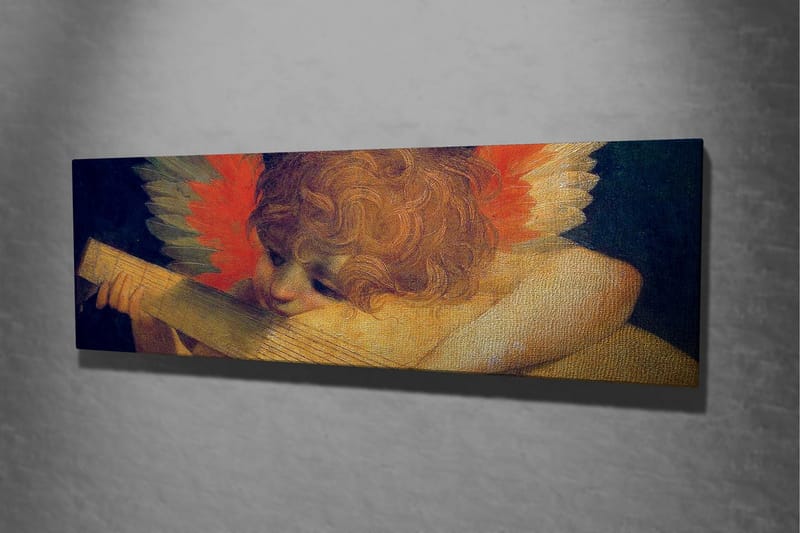 Canvas-taulu - Enkeli soittaa luuttua värikkäillä höyhenillä taustalla - Punainen / Oranssi / Ihonväri - Sisustustuotteet - Taulu & taide - Canvas-taulu