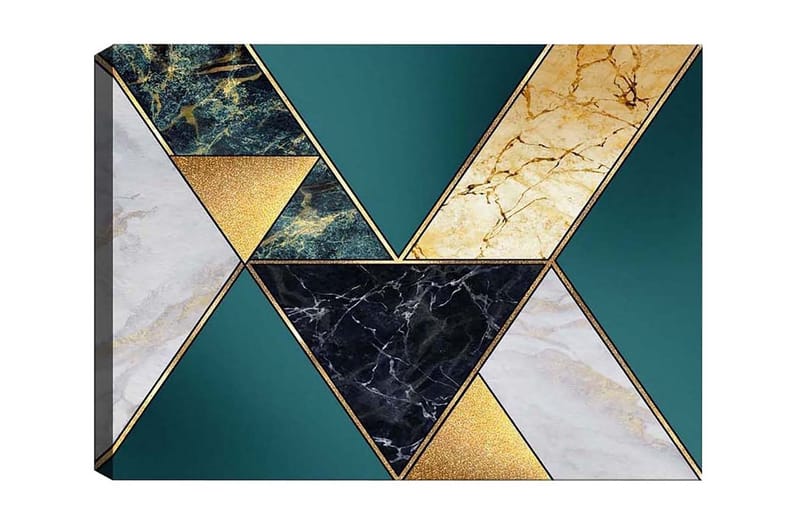 Canvas-taulu - Geometrinen sommitelma, jossa on kolmioita eri materiaaleista ja väreistä, Tummanvihreä / Kulta / Musta