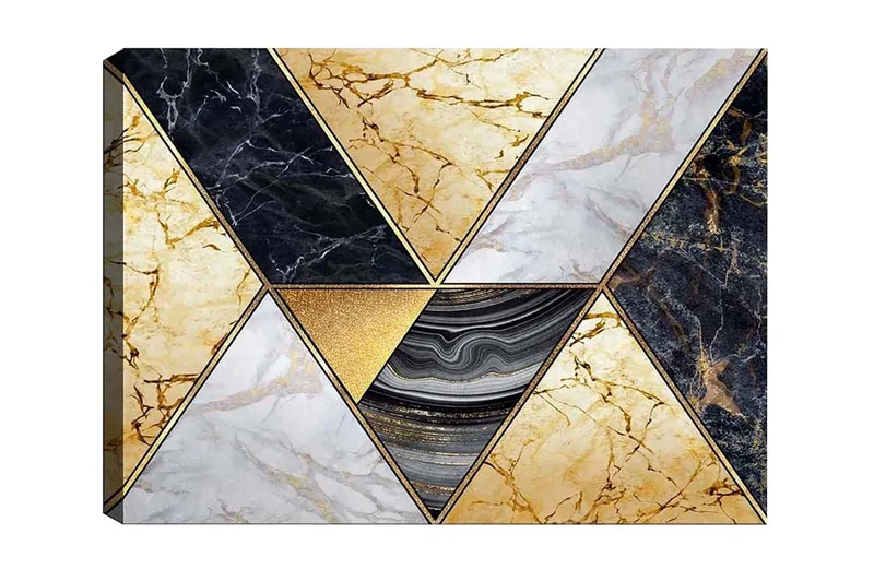 Canvas-taulu - Geometrinen sommitelma, jossa on marmorimaisia kolmioita eri väreissä, Kulta / Musta / Valkoinen