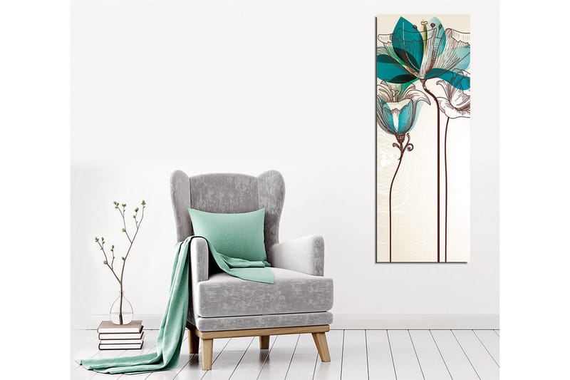 Canvas-taulu - Graafinen kukkakuvitus turkooseilla läpinäkyvillä lehdillä ja ruskealla viivapiirroksella - Beige / Ruskea / Turkoosi - Sisustustuotteet - Taulu & taide - Canvas-taulu