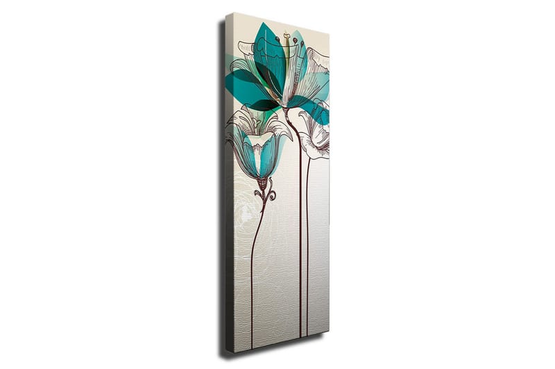 Canvas-taulu - Graafinen kukkakuvitus turkooseilla läpinäkyvillä lehdillä ja ruskealla viivapiirroksella, Beige / Ruskea / Turkoosi