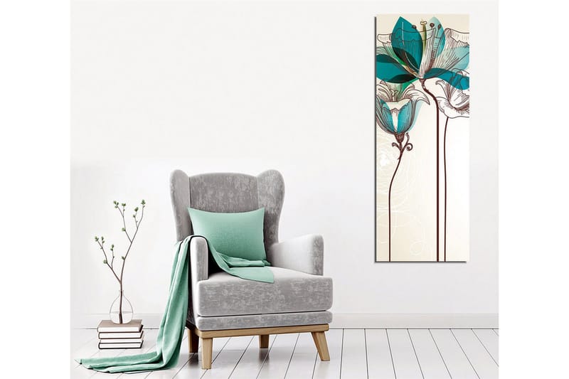 Canvas-taulu - Graafinen kukkakuvitus turkooseilla läpinäkyvillä lehdillä ja ruskealla viivapiirroksella - Beige / Ruskea / Turkoosi - Sisustustuotteet - Taulu & taide - Canvas-taulu