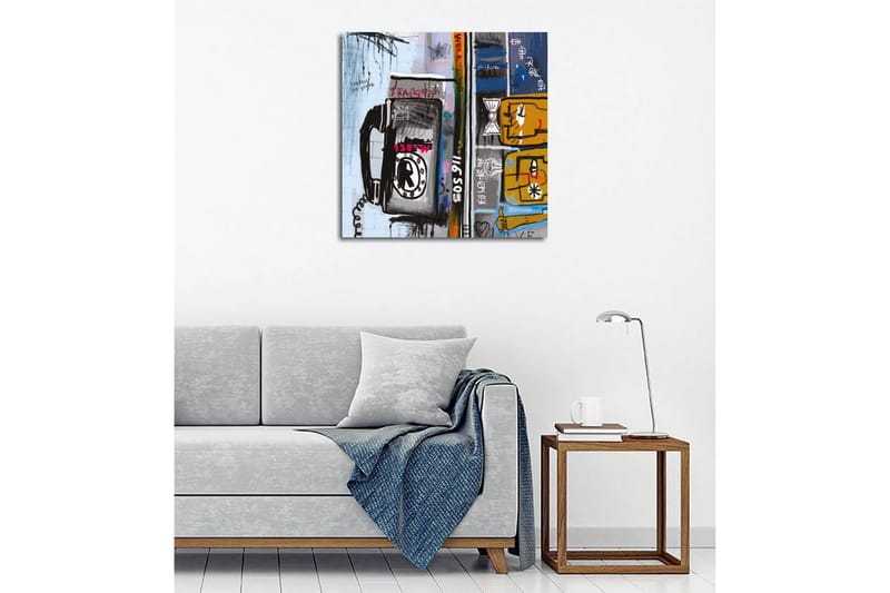 Canvas-taulu - Graafinen sommitelma puhelimella ja abstrakteilla hahmoilla - Sininen / Musta / Keltainen - Sisustustuotteet - Taulu & taide - Canvas-taulu