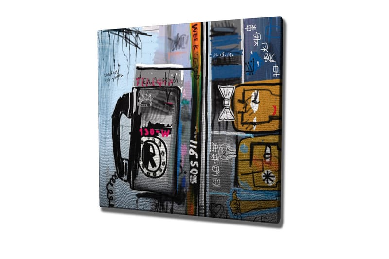 Canvas-taulu - Graafinen sommitelma puhelimella ja abstrakteilla hahmoilla, Sininen / Musta / Keltainen